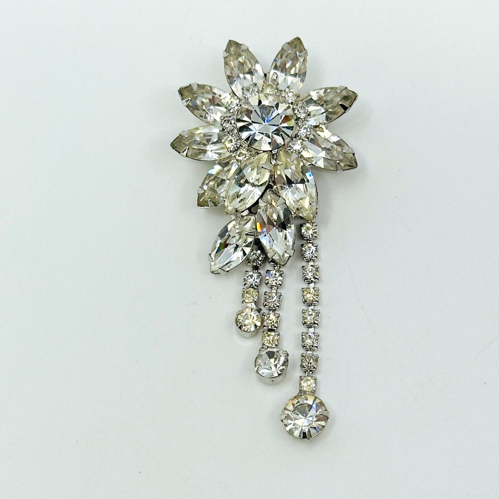 VTG Brooch Rhinestone Flower Prong Set Pendant Stunning Unsigned Beauty 3.5"